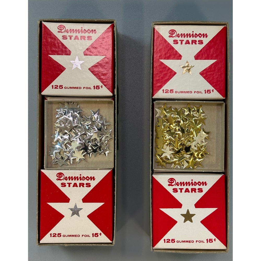 Vintage Dennison Gummed Foil Stars Gold & Silver Display Boxes w/ Original Packs